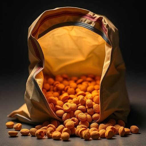 Bolsa abierta de pienso para perros con granos de comida visibles