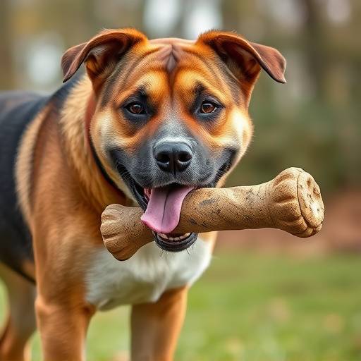Imagen de un perro grande y robusto disfrutando de un hueso de juguete duradero