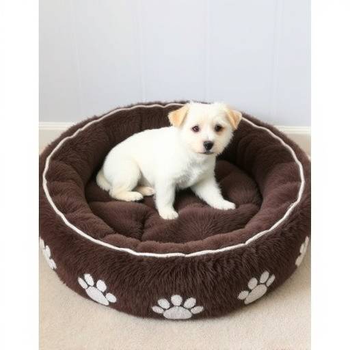 Imagen de una cama redonda y mullida para perros peque&ntilde;os, decorada con huellas