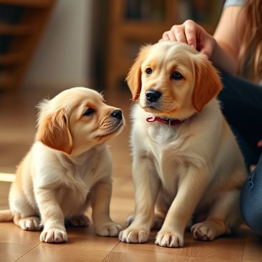 Un cachorro golden retriever aprendiendo a sentarse con un due&ntilde;o paciente