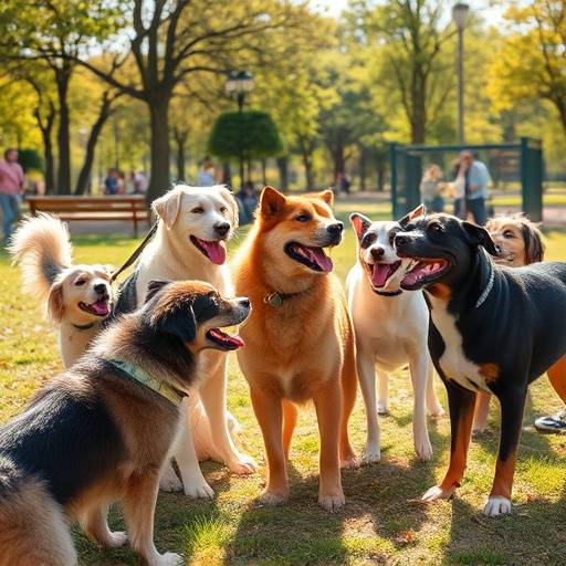 Un grupo diverso de mascotas jugando juntas en un entorno soleado