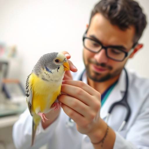 Un veterinario revisando las plumas de un periquito en una cl&iacute;nica